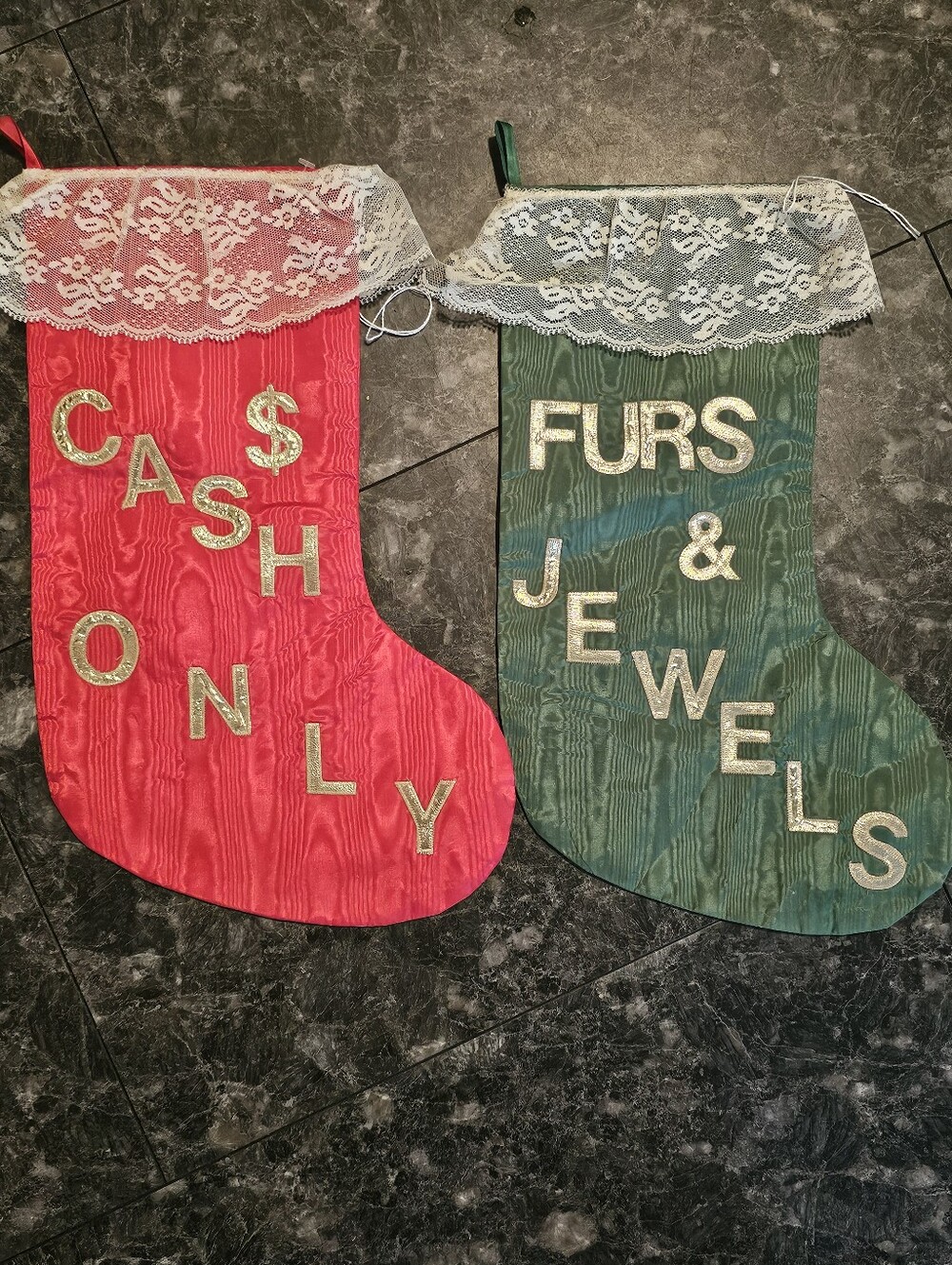 70s Kitsch Christmas Stocking Set Lace Trim Judy's Things Inc Fur Jewels Cash